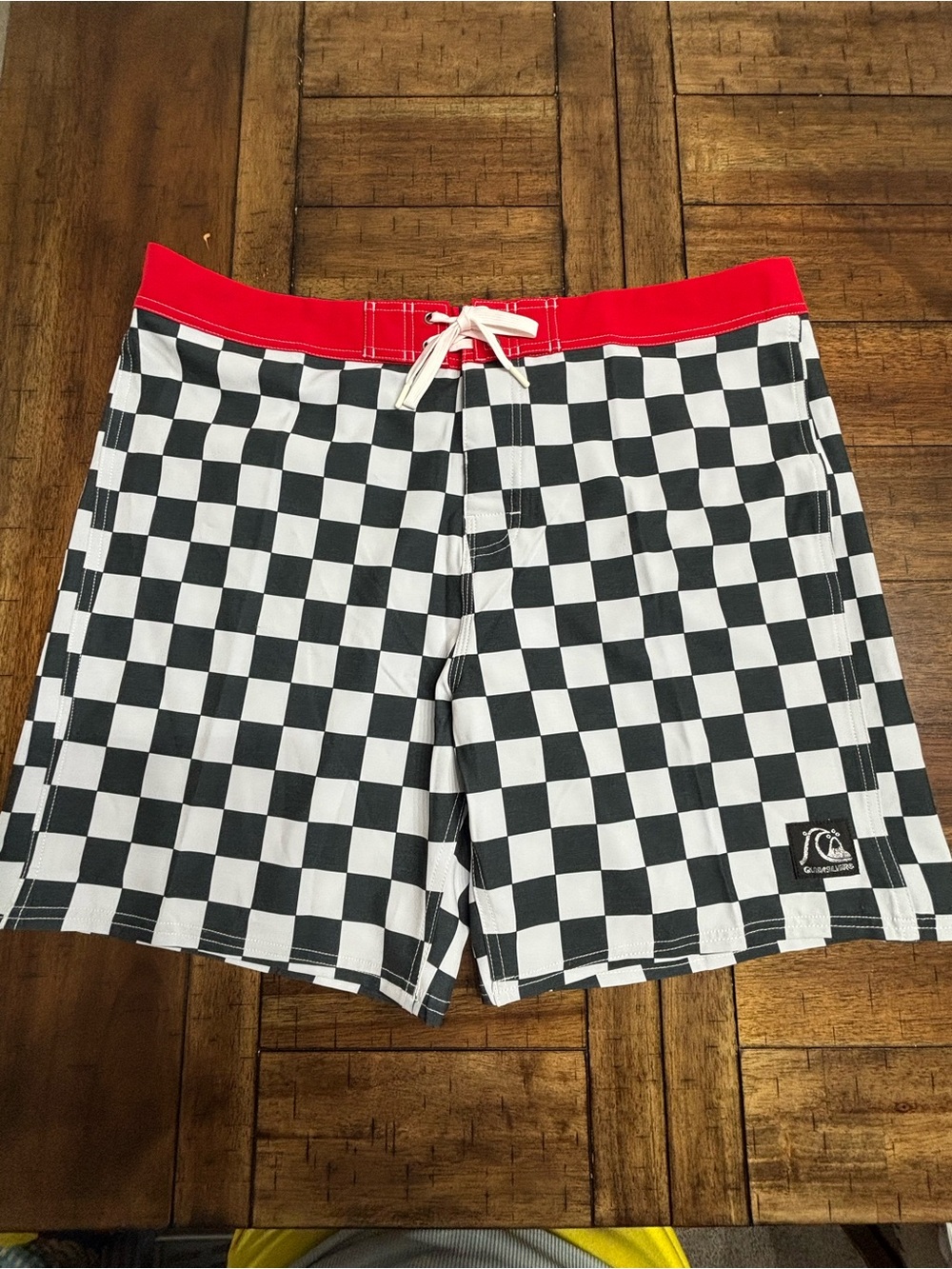 Quiksilver Black & White Checkerboard Board Shorts with Red Waistband